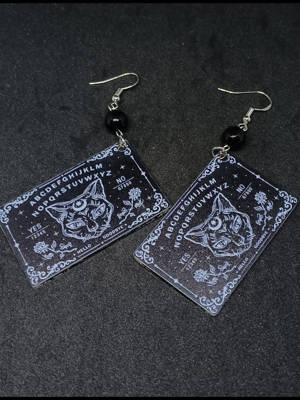 Mystic Cat Ouija Board Dangle Earrings - Black